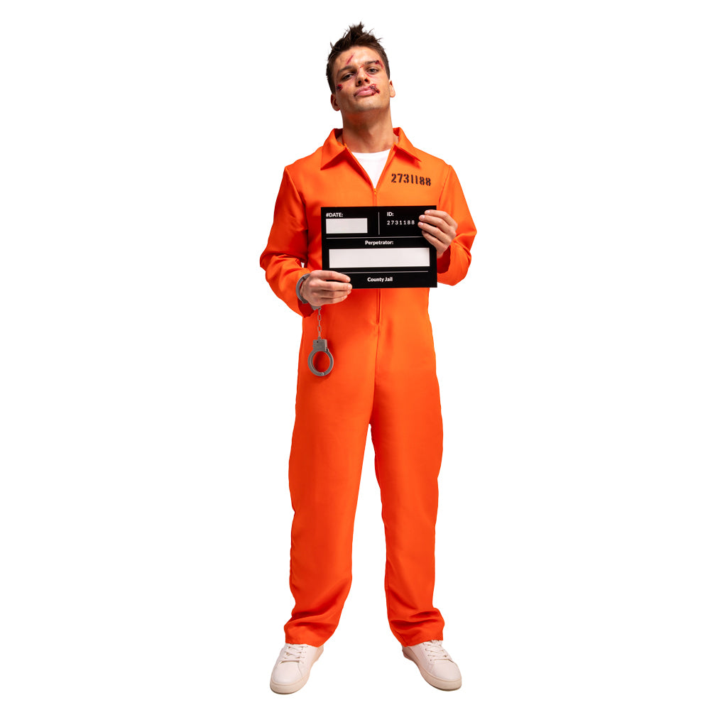 Orange Convict Costume with Hand Cuffs & I.D Board