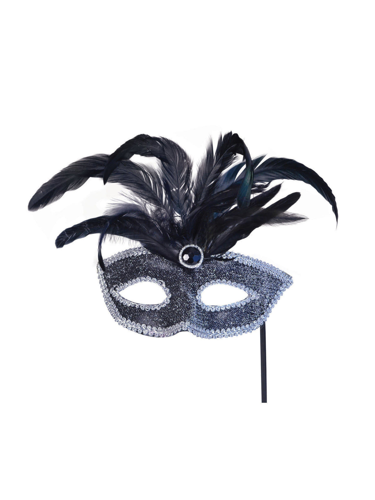 Blck Mask/Silvr Trim+Feathers/Stick 1