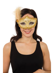 Gold Braided Eyemask W/Feather+ Stone