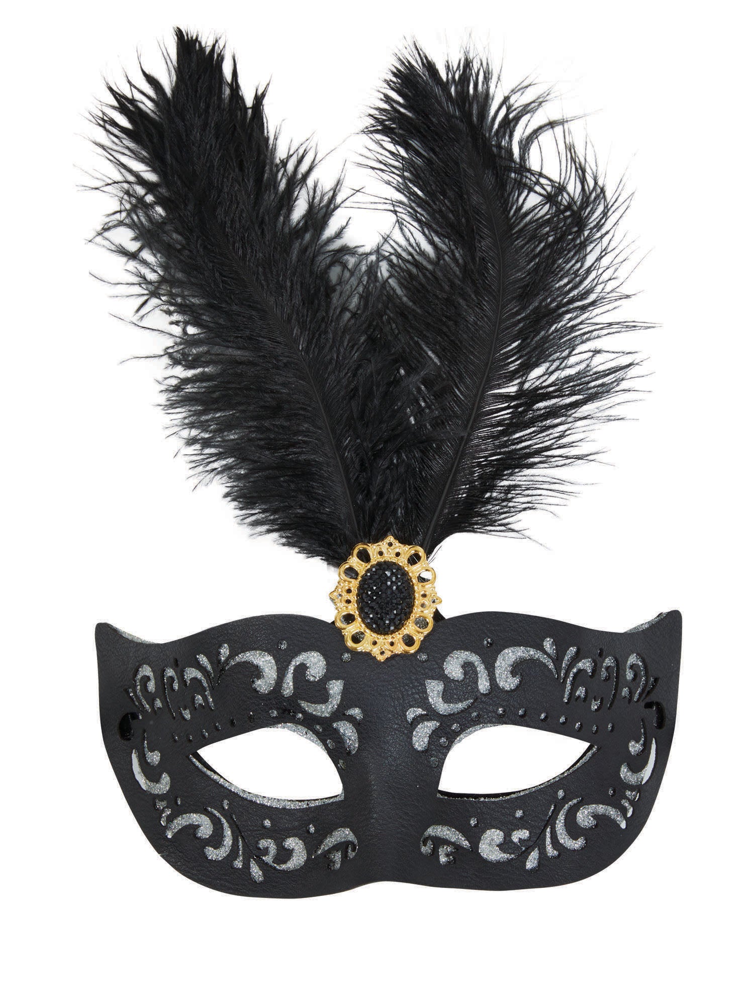Black Eyemask W/Tall Feather + Stone