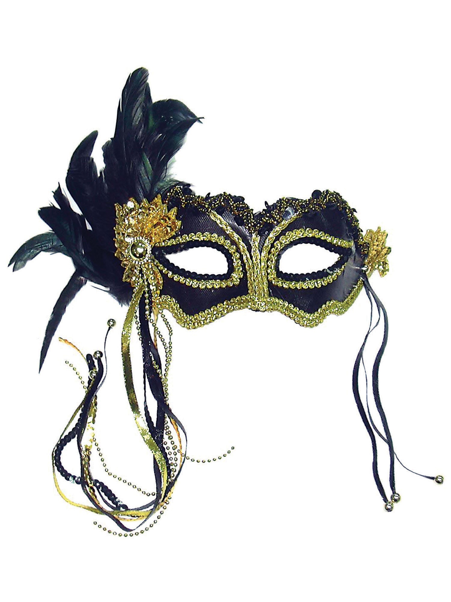 Black Metallic Mask With Feather