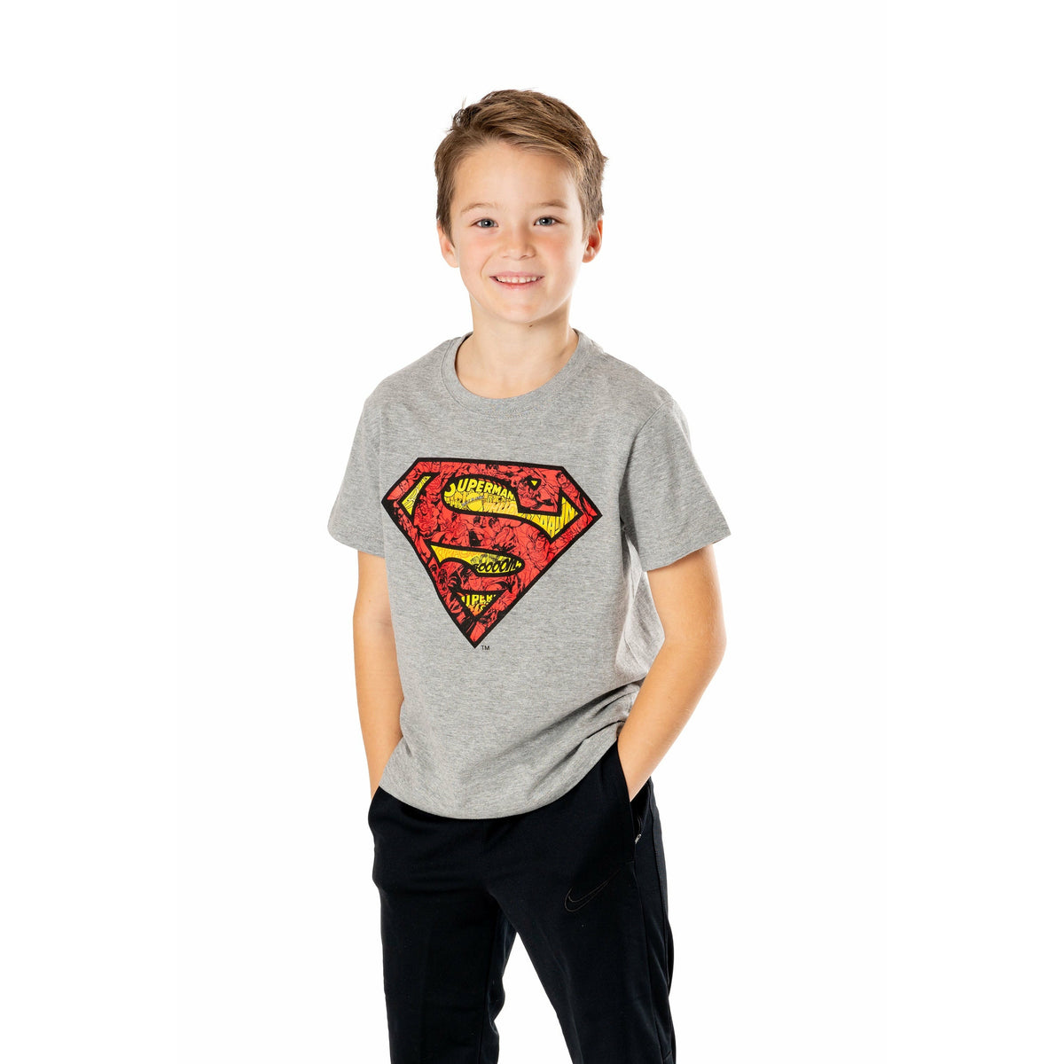 Superman Kids Grey Marl Comicstrip Logo T-Shirt 1