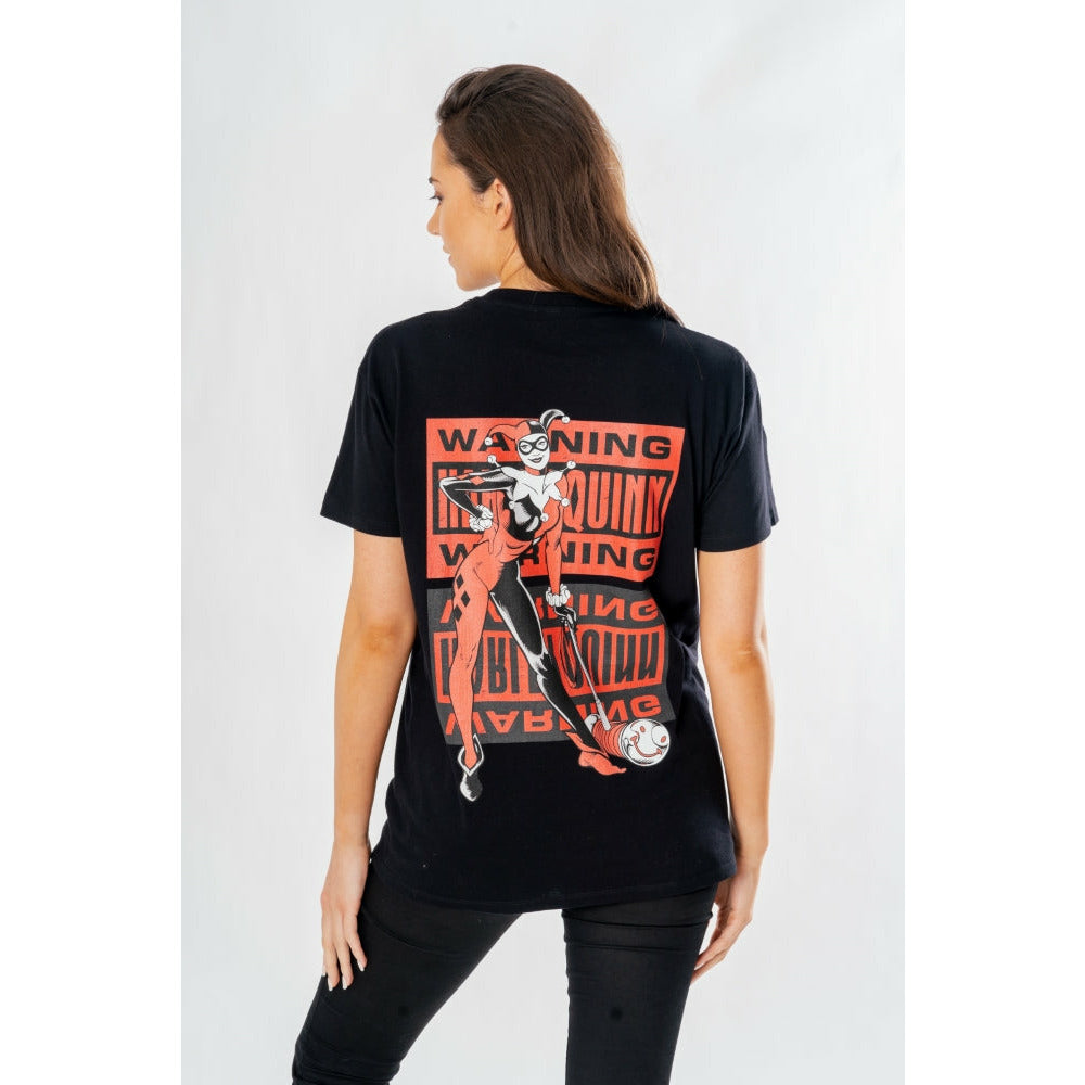 Harley Quinn Adult Black Front and Back Warning T-Shirt 1